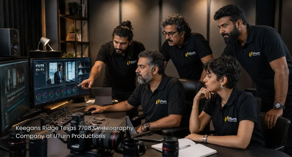 Video editing team at a top videography company Sugar Land performing color grading on corporate film footage.