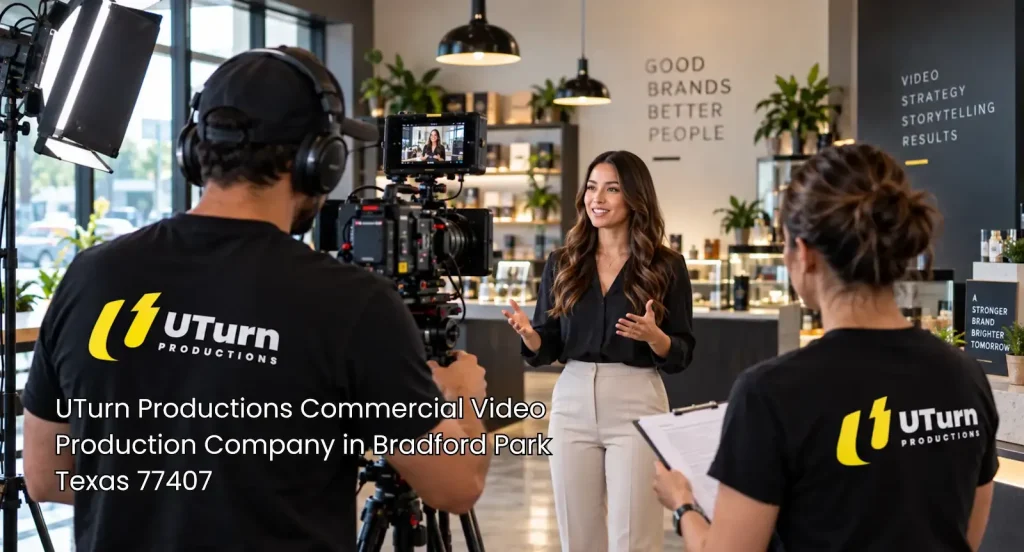 UTurn camera team filming a female presenter in a retail studio for a commercial video production company Sugar Land project. 