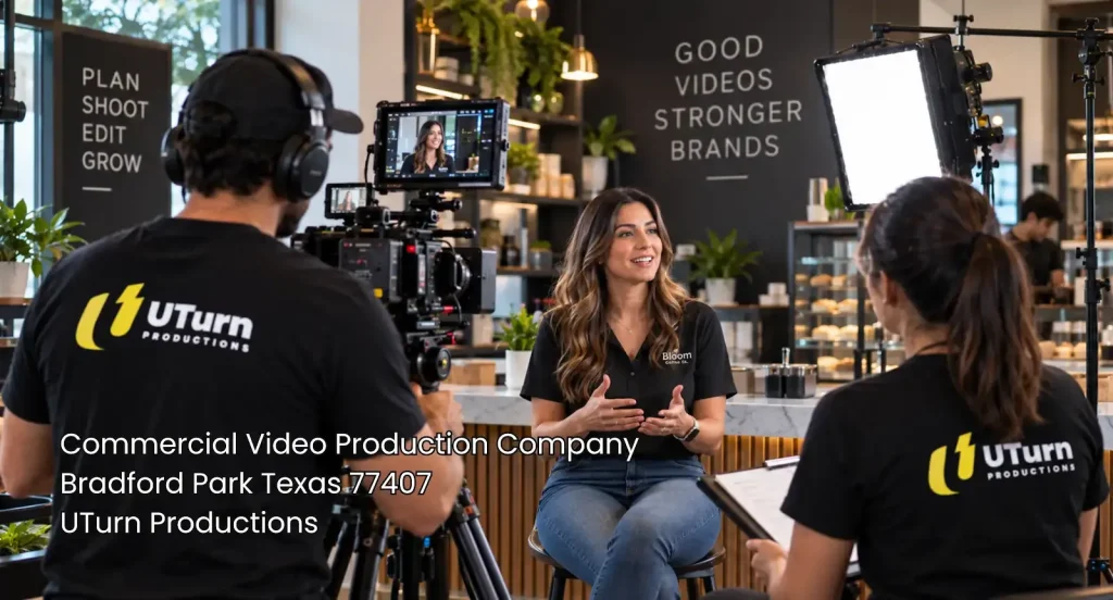 UTurn crew filming a woman in a modern shop for a commercial video production company Sugar Land brand campaign.