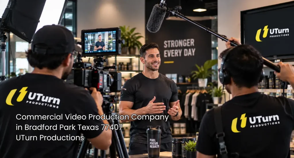 Male commercial artist filmed with lights and boom mic by a commercial video production company Sugar Land production crew. 