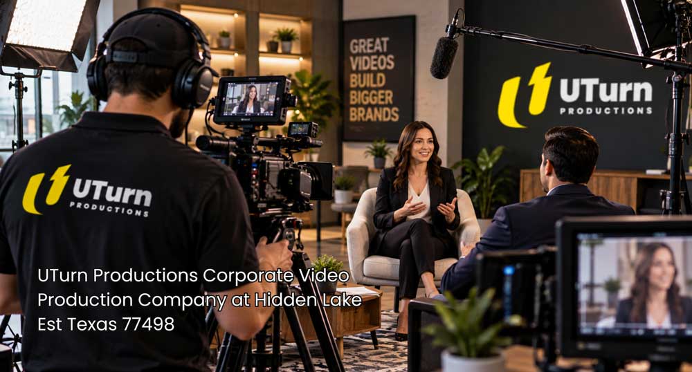 Corporate video production company Sugar Land team films a woman in a branded studio with cameras, soft lights, and monitors.