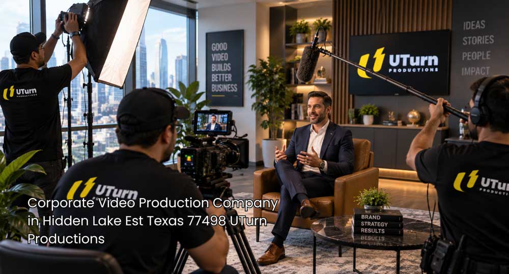 Corporate video production company Sugar Land crew films an executive interview using cameras, soft lights, and boom audio.