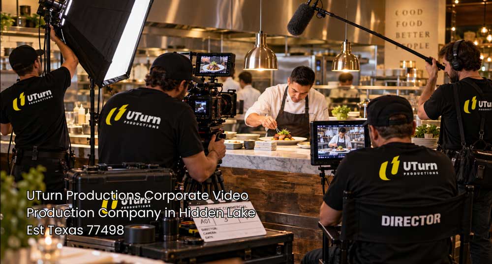Corporate video production company Sugar Land crew films a chef in a restaurant kitchen with cameras, lights, and boom audio.