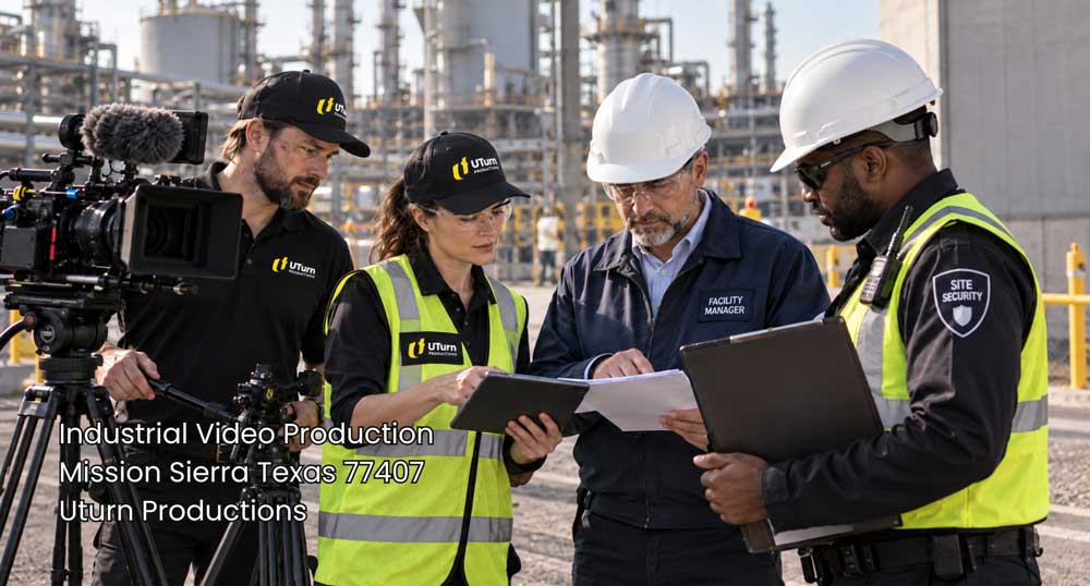 Industrial video production Sugar Land crew reviewing site documents with plant security before an industrial location shoot.
