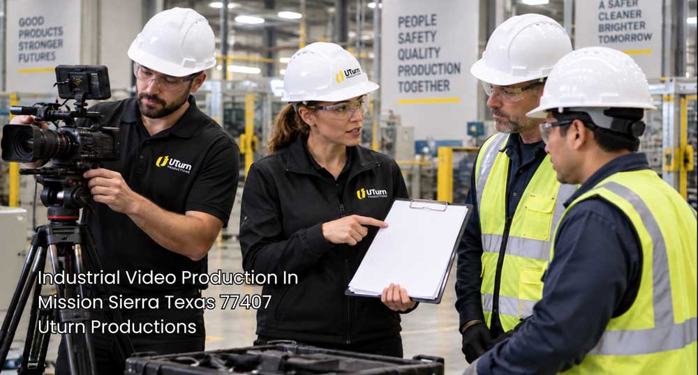 Industrial video production Sugar Land team completing a safety briefing and permit check before filming inside a factory.