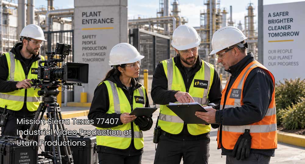Industrial video production Sugar Land crew reviewing site permits with a facility manager before filming at the plant.