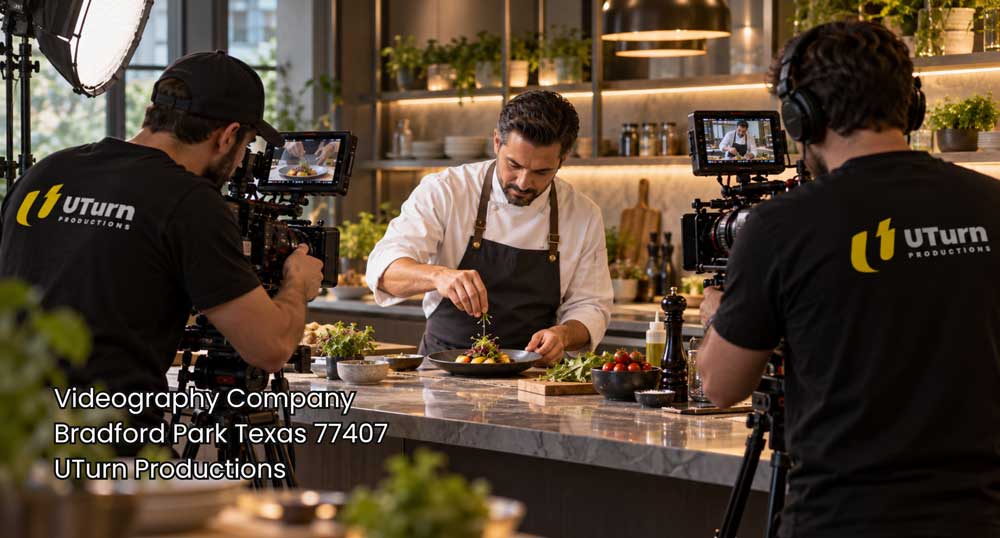 Videography company Sugar Land crew films a chef in a modern kitchen with two cameramen, lighting, and commercial gear.