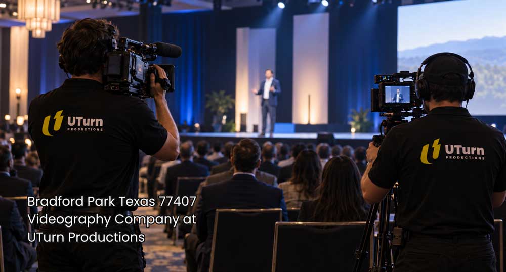 Videography company Sugar Land team records a conference speaker with two cameramen, audience coverage, and pro cameras.