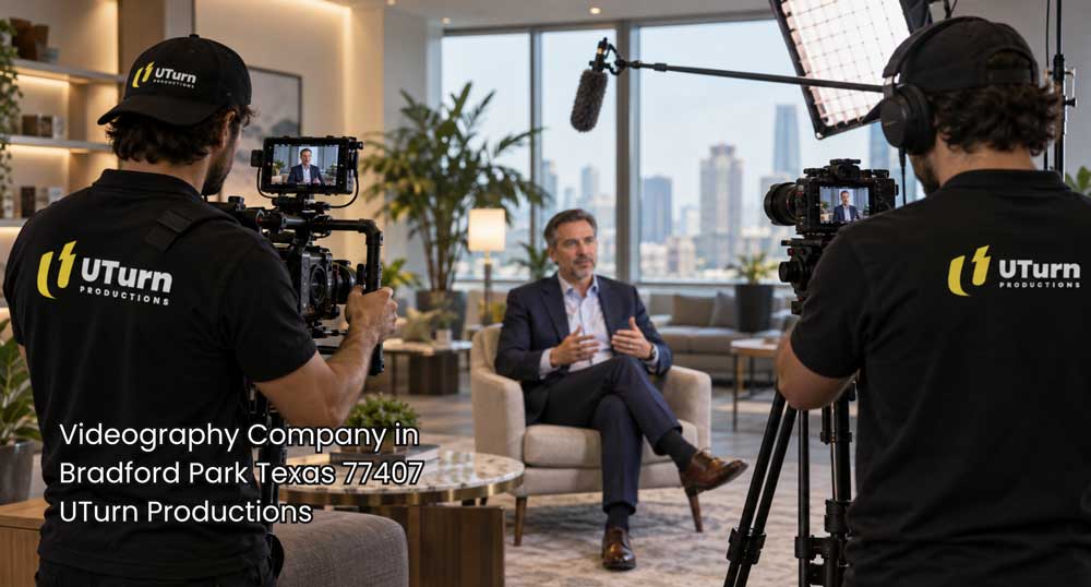 Videography company Sugar Land crew films a corporate interview with two cameramen, studio lighting, and pro video gear.