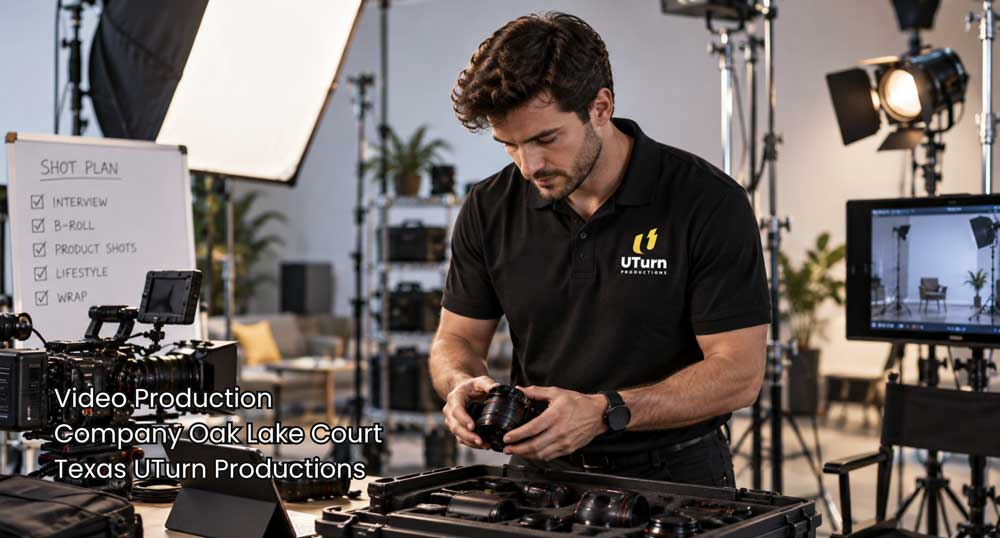 Video production company Sugar Land specialist preparing camera lenses and studio equipment for a professional shoot.