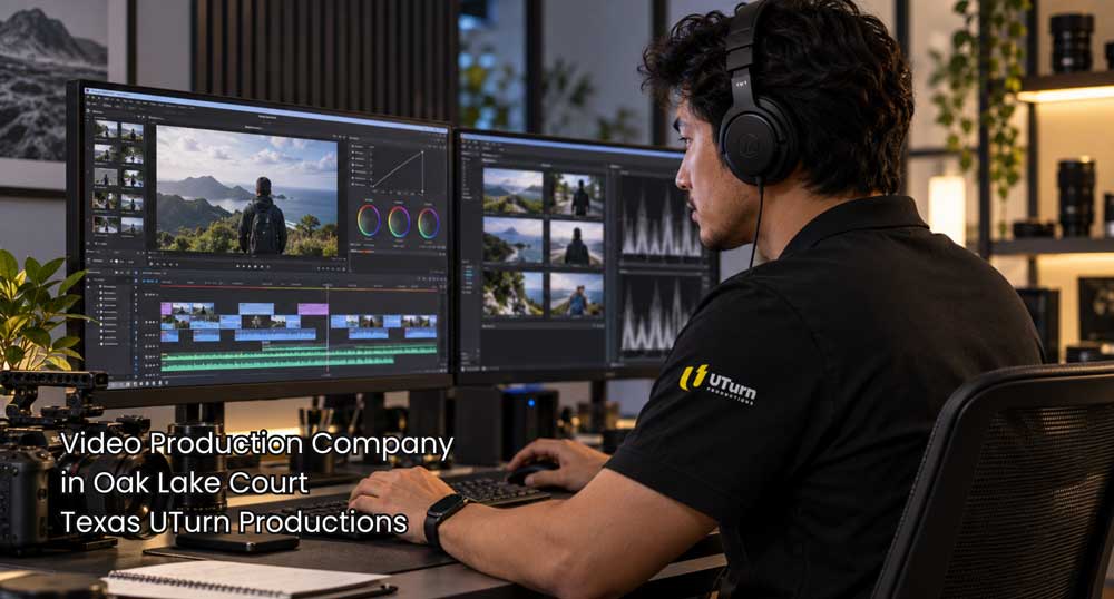 Video production company Sugar Land editor working on dual monitors to color grade and assemble professional footage.
